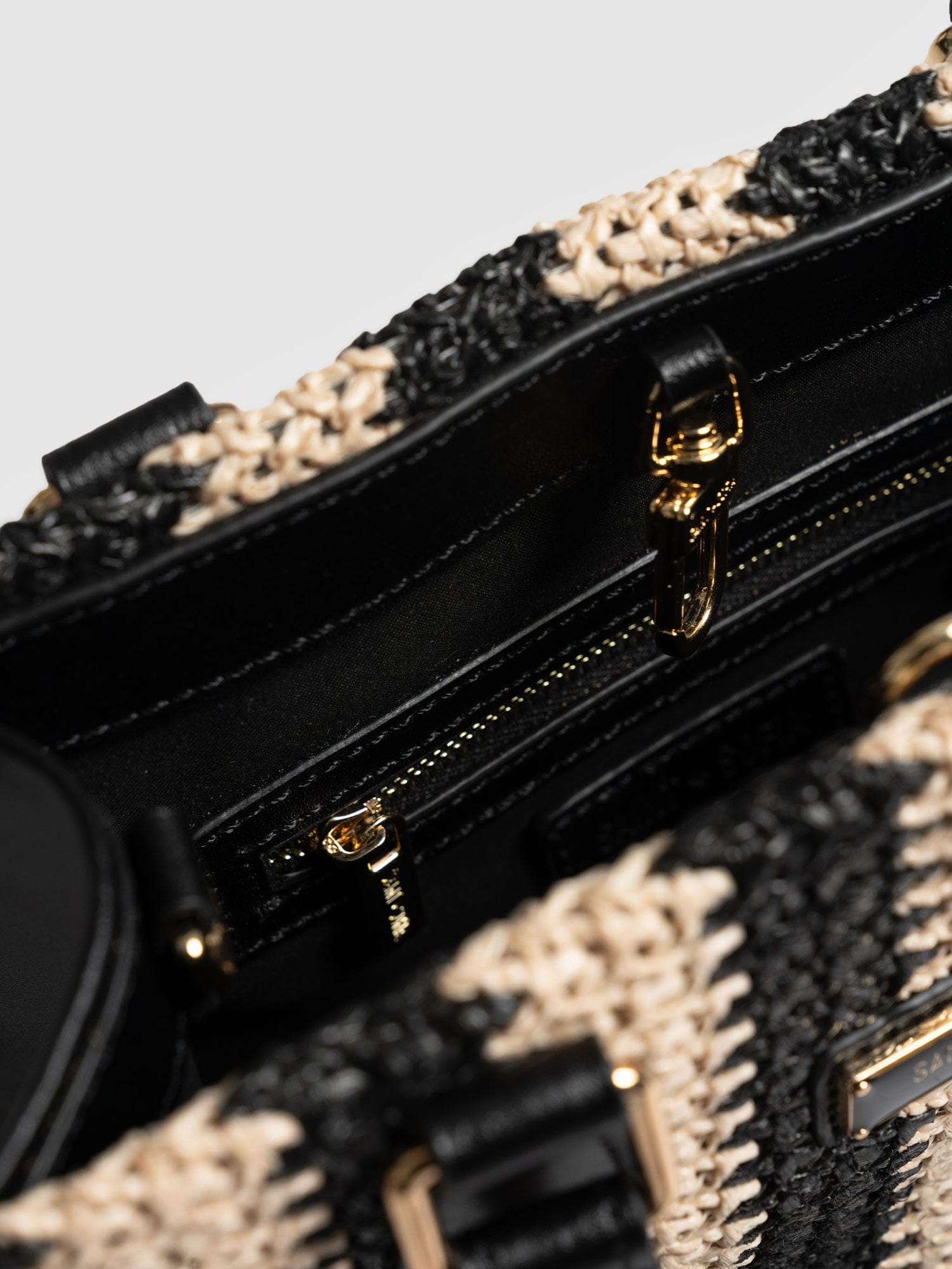 Mia Mini Tote Bag Beige/Black Raffia- Women's Bags | Saint + Sofia® USA